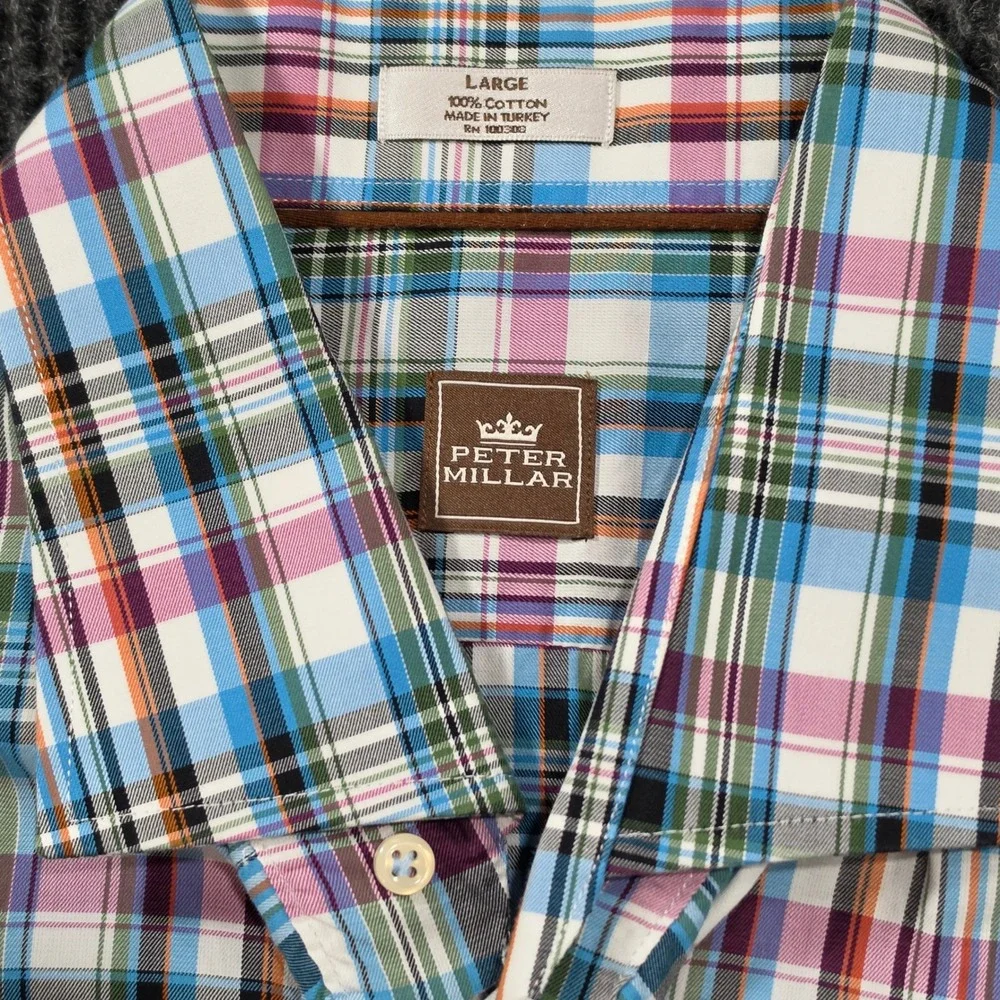 Peter Millar Button Down Shirt Mens Large Multi Color Plaid Excellent Cotton L/S